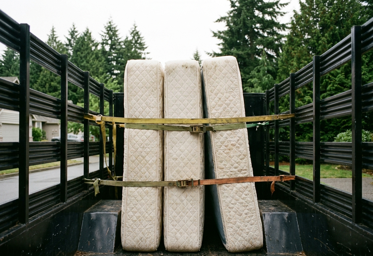 Mattresses loaded upright in the truck